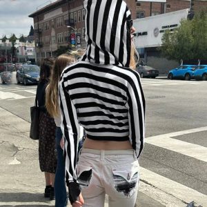 Striped Shadow Crop Hoodie - 2000s Fashion, Y2K Aesthetic, Nostalgia Outfit