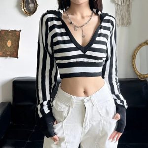 Striped Shadow Crop Hoodie - 2000s Fashion, Y2K Aesthetic, Nostalgia Outfit