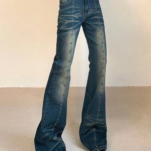 Studded Midnight Flare Jeans - 2000s Fashion, Y2K Aesthetic Outfit