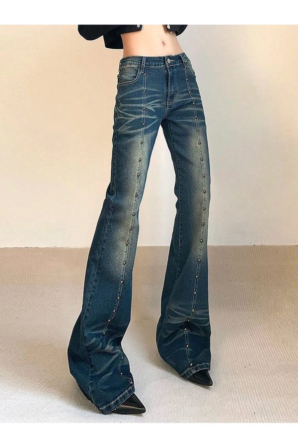 Studded Midnight Flare Jeans - 2000s Fashion, Y2K Aesthetic Outfit