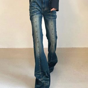 Studded Midnight Flare Jeans - 2000s Fashion, Y2K Aesthetic Outfit