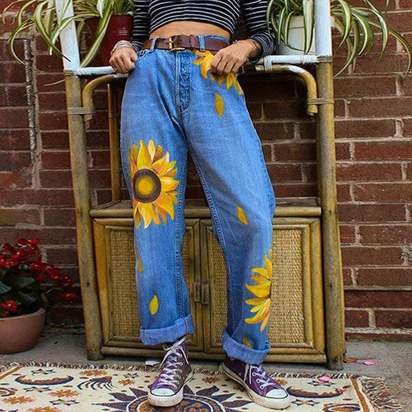 Sunflowers Mom Jeans - 2000s Fashion, Nostalgia Outfits, Y2K Style