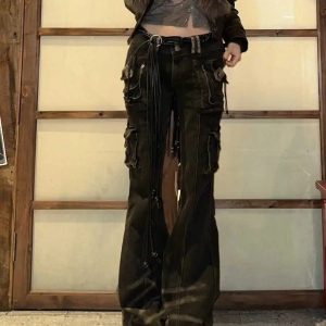 Utility Cargo Flare Jeans - 2000s Fashion, Nostalgia 2000s Outfits