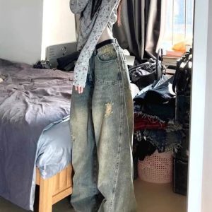 Vintage Fade Distressed Wide-Leg Jeans - 2000s Fashion Nostalgia Outfit