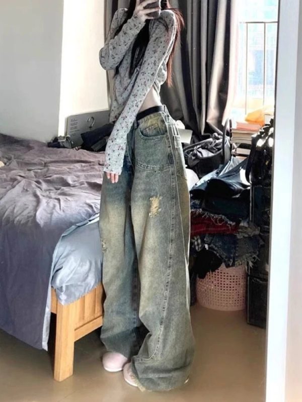 Vintage Fade Distressed Wide-Leg Jeans - 2000s Fashion Nostalgia Outfit