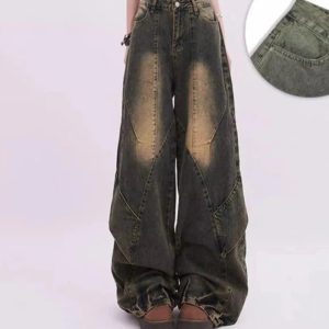 Vintage Fade Patchwork Jeans - 2000s Fashion, Y2K Aesthetic Outfit