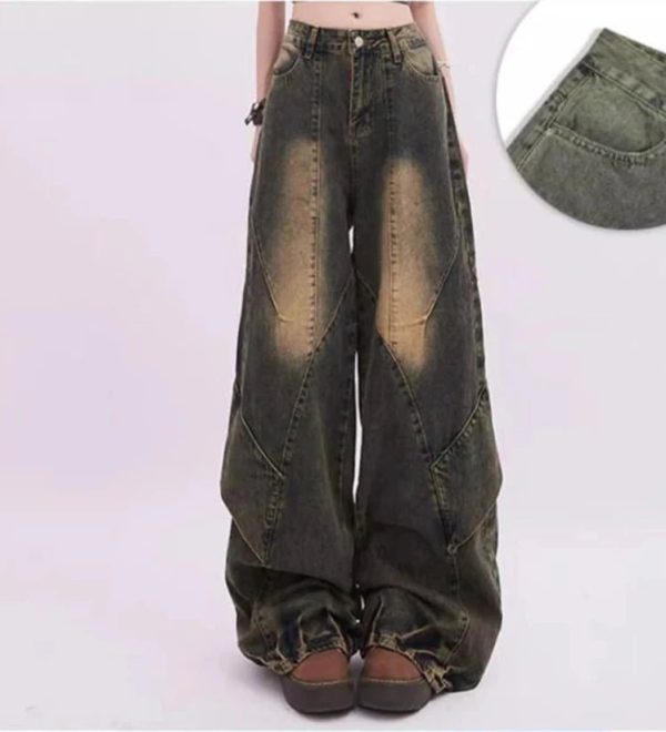 Vintage Fade Patchwork Jeans - 2000s Fashion, Y2K Aesthetic Outfit