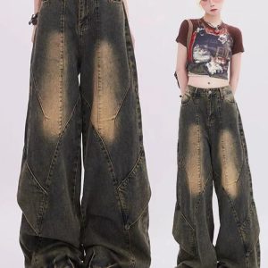 Vintage Fade Patchwork Jeans - 2000s Fashion, Y2K Aesthetic Outfit