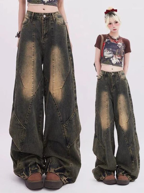 Vintage Fade Patchwork Jeans - 2000s Fashion, Y2K Aesthetic Outfit