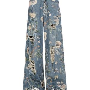 Vintage Floral Wide-Leg Jeans - 2000s Fashion, Y2K Aesthetic Outfit