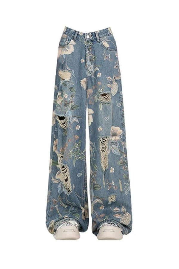 Vintage Floral Wide-Leg Jeans - 2000s Fashion, Y2K Aesthetic Outfit