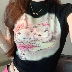 Vintage Kitten Graphic Top - 2000s Fashion Nostalgia & Y2K Aesthetic