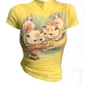 Vintage Kitten Graphic Top - 2000s Fashion Nostalgia & Y2K Aesthetic