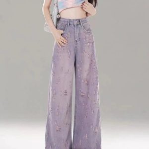 Vintage Lilac Distressed Wide-Leg Jeans - 2000s Fashion Nostalgia Outfit