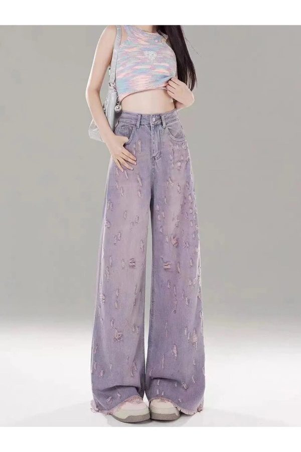 Vintage Lilac Distressed Wide-Leg Jeans - 2000s Fashion Nostalgia Outfit