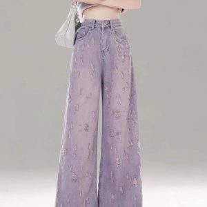 Vintage Lilac Distressed Wide-Leg Jeans - 2000s Fashion Nostalgia Outfit