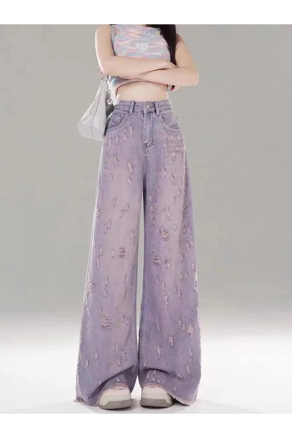 Vintage Lilac Distressed Wide-Leg Jeans - 2000s Fashion Nostalgia Outfit