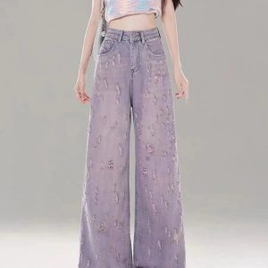 Vintage Lilac Distressed Wide-Leg Jeans - 2000s Fashion Nostalgia Outfit