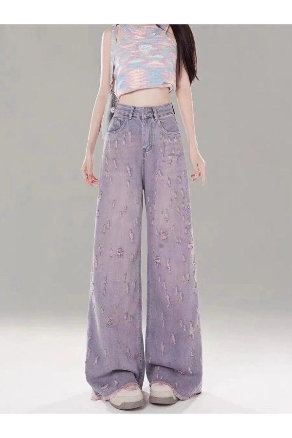 Vintage Lilac Distressed Wide-Leg Jeans - 2000s Fashion Nostalgia Outfit