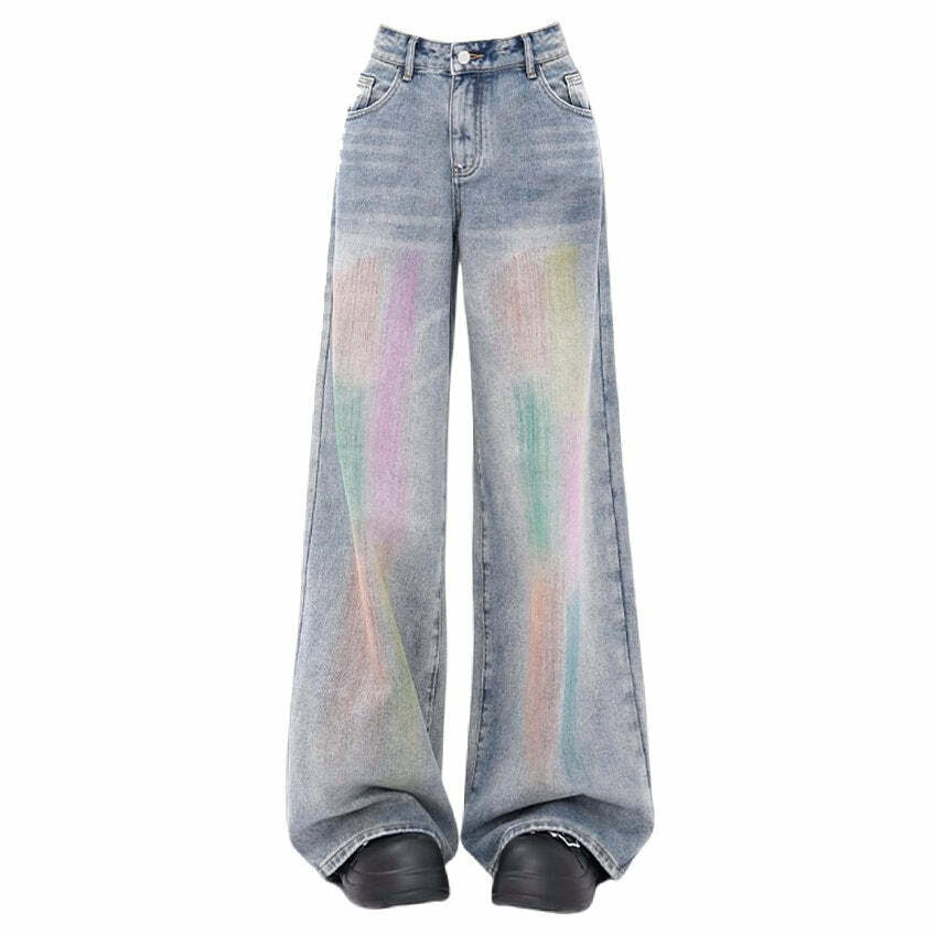 Vintage Style Brush Strokes Jeans - 2000s Fashion, Y2K Aesthetic Outfit