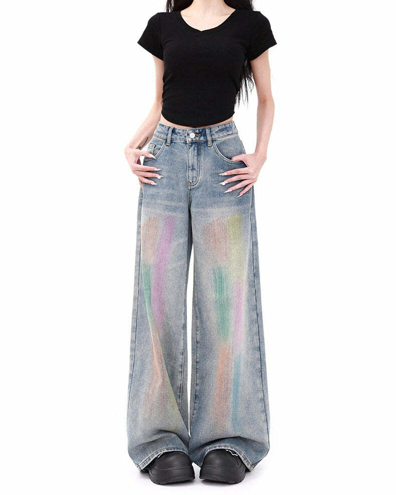 Vintage Style Brush Strokes Jeans - 2000s Fashion, Y2K Aesthetic Outfit