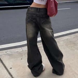 Vintage Washed Baggy Jeans - 2000s Fashion, Y2K Aesthetic Outfit