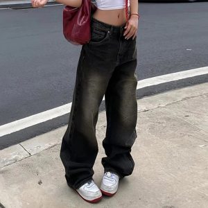 Vintage Washed Baggy Jeans - 2000s Fashion, Y2K Aesthetic Outfit