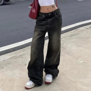 Vintage Washed Baggy Jeans - 2000s Fashion, Y2K Aesthetic Outfit