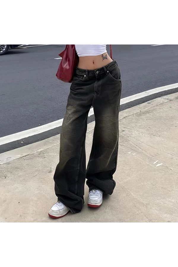 Vintage Washed Baggy Jeans - 2000s Fashion, Y2K Aesthetic Outfit