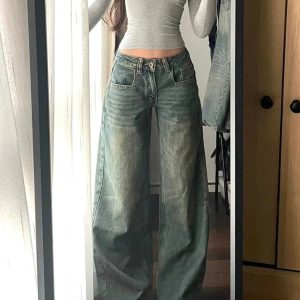 Vintage Washed Wide-Leg Jeans - 2000s Fashion, Y2K Aesthetic Outfit