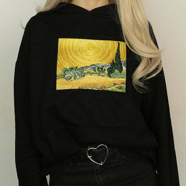 Wheat Field with Cypresses Hoodie - 2000s Fashion Inspired Winter Outfit