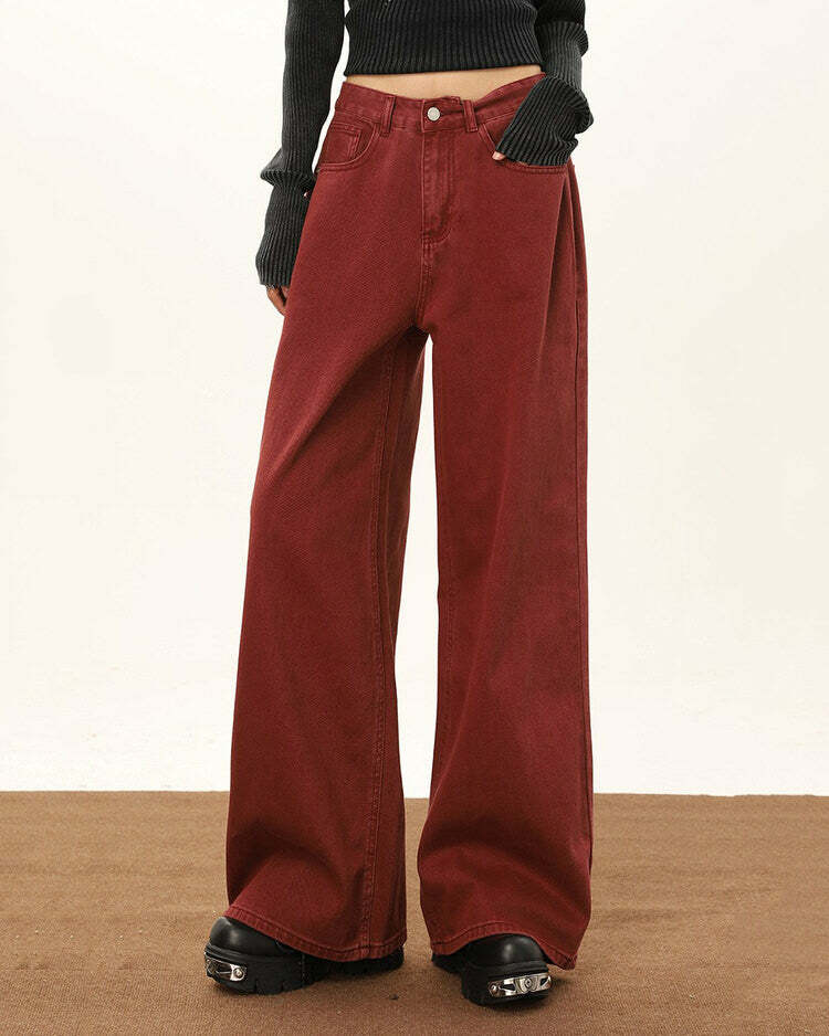 Wine Red Wide-Leg Jeans - 2000s Fashion Nostalgia Outfit for Women