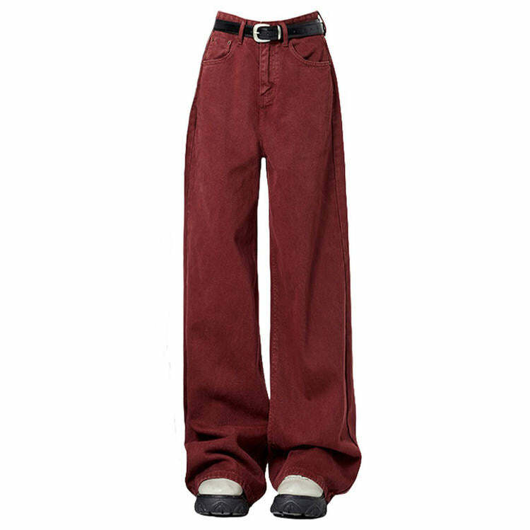 Wine Red Wide-Leg Jeans - 2000s Fashion Nostalgia Outfit for Women