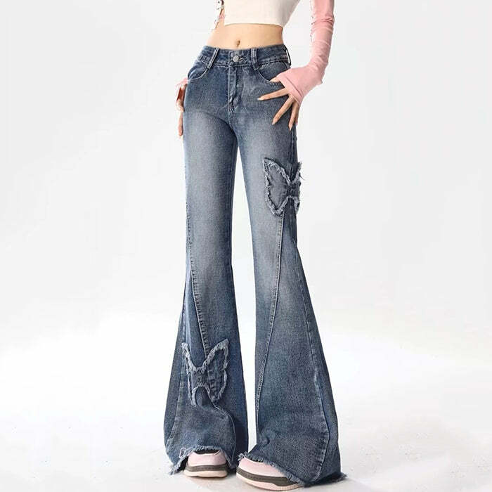 Y2K Butterfly Flare Jeans - 2000s Fashion, Nostalgia Outfits, Vintage Style