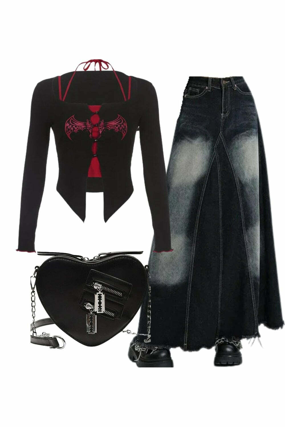 Y2k Outfit: Alt Goth Graphic T-shirt, Faded Black Maxi Skirt & Chain Bag