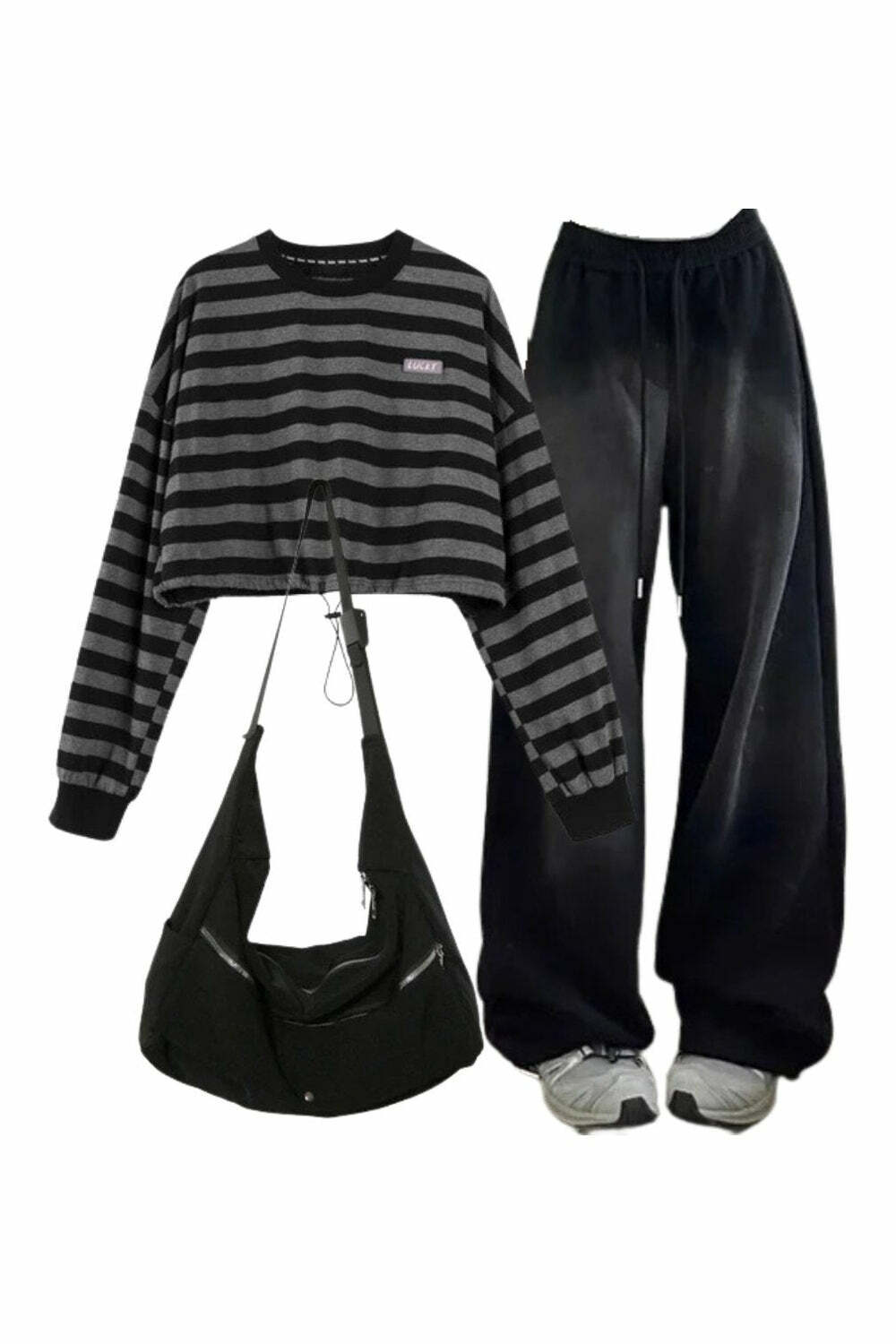 Y2K Outfit: Baggy Grunge Sweatpants, Striped Women's Sweatshirt & Nylon Bag