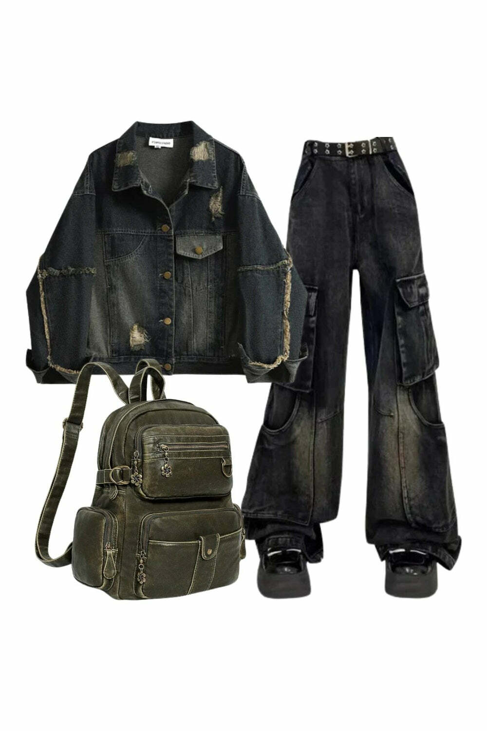 Y2k Outfit: Distressed Midnight Denim Jacket & Gothic Cargo Flare Jeans