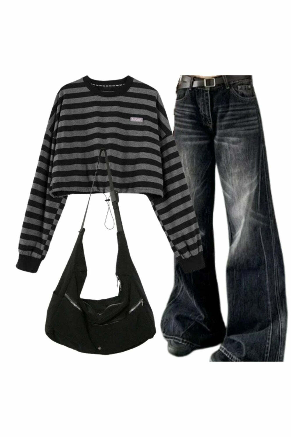 Y2k Outfit: Distressed Vintage Wide-Leg Jeans & Striped Sweatshirt Set