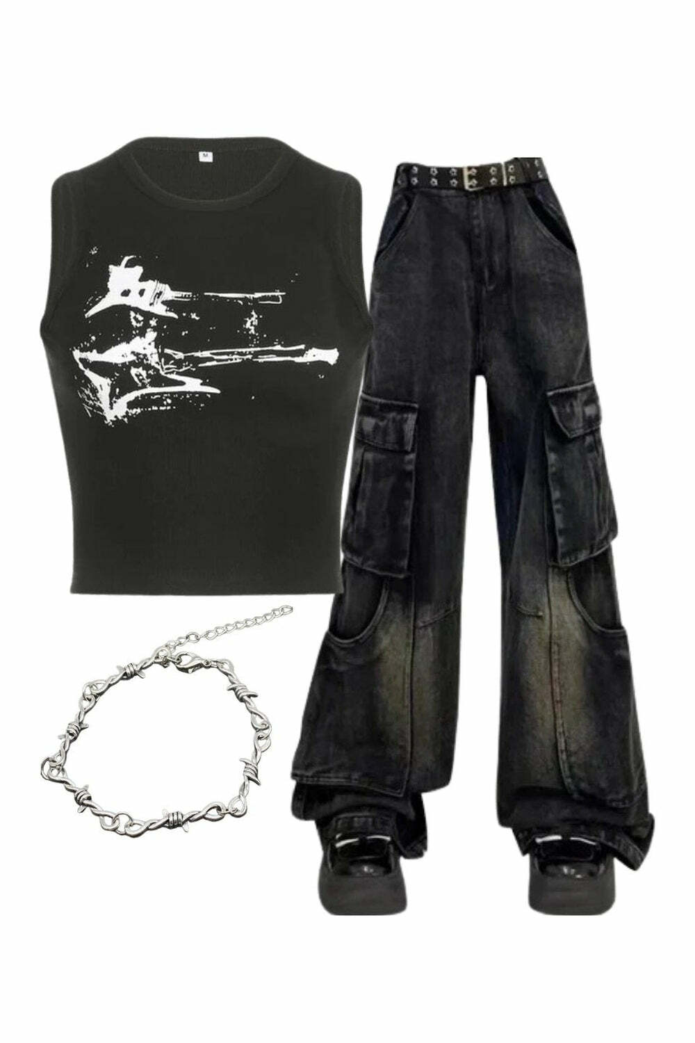 Y2k Outfit: Gothic Cargo Flare Jeans & Distressed Graphic Top for 2000s Fashion