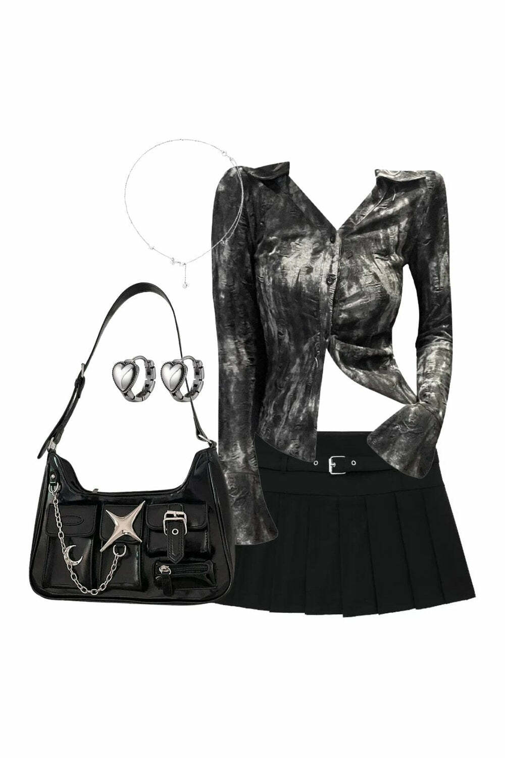 Y2k Outfit: Metallic Asymmetrical Blouse & Chic Zipper Skirt Set