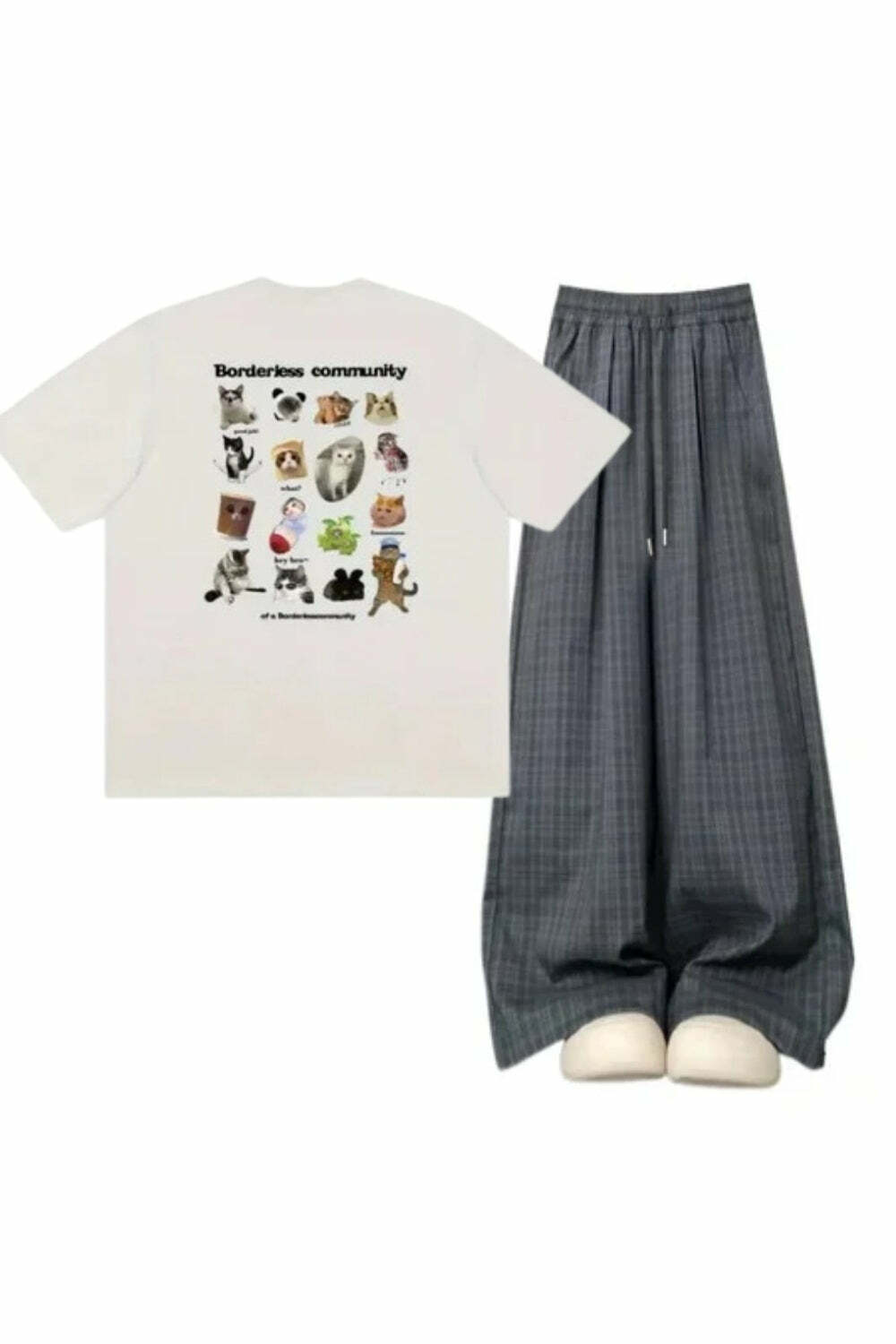 Y2k Outfit: Oversized Plaid Slouchy Pants & 2000s Pet Print T-Shirt