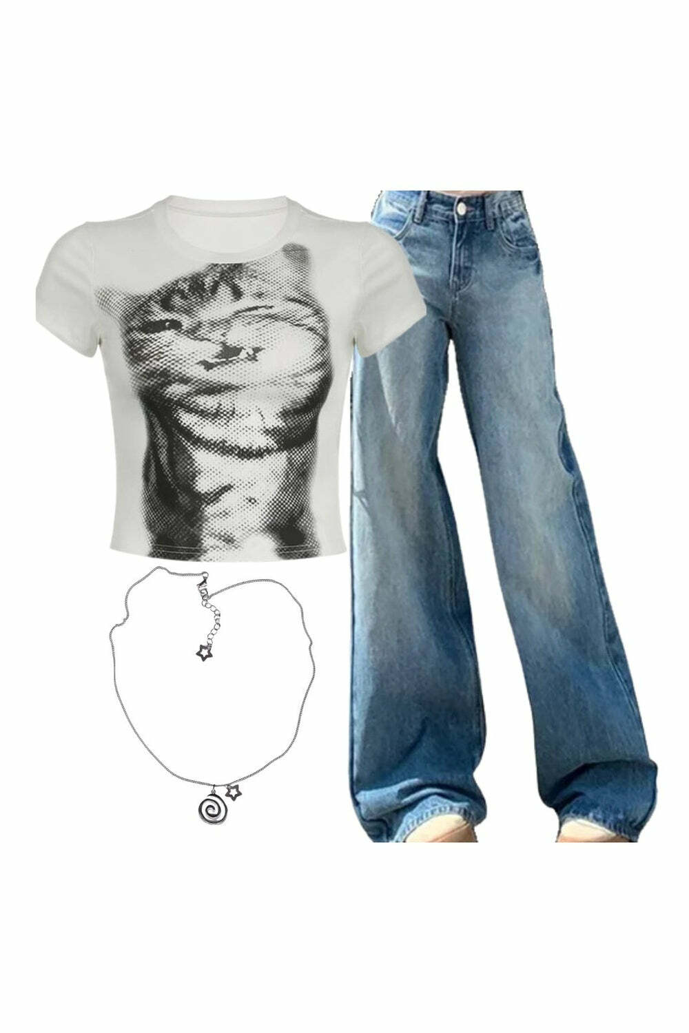 Y2k Outfit: Pixelated Cat Graphic Crop Top & Light Wash Denim + 2000s Accessories