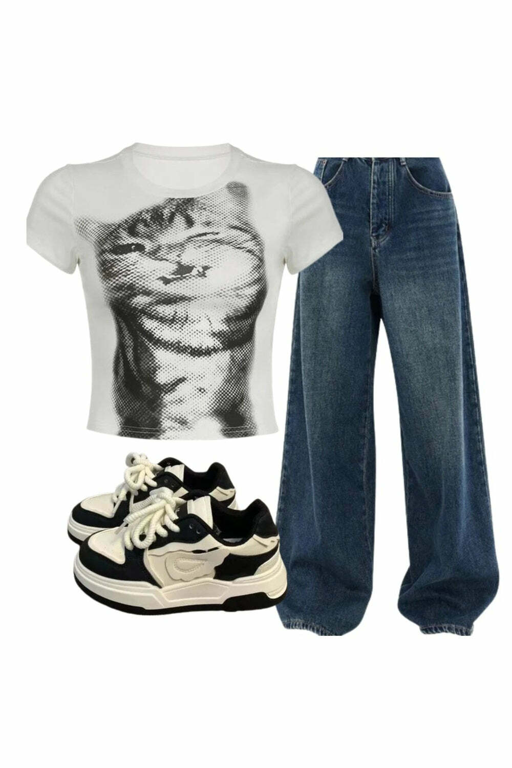 Y2k Outfit: Pixelated Cat Graphic Crop Top & Wide-Leg Jeans for 2000s Fashion