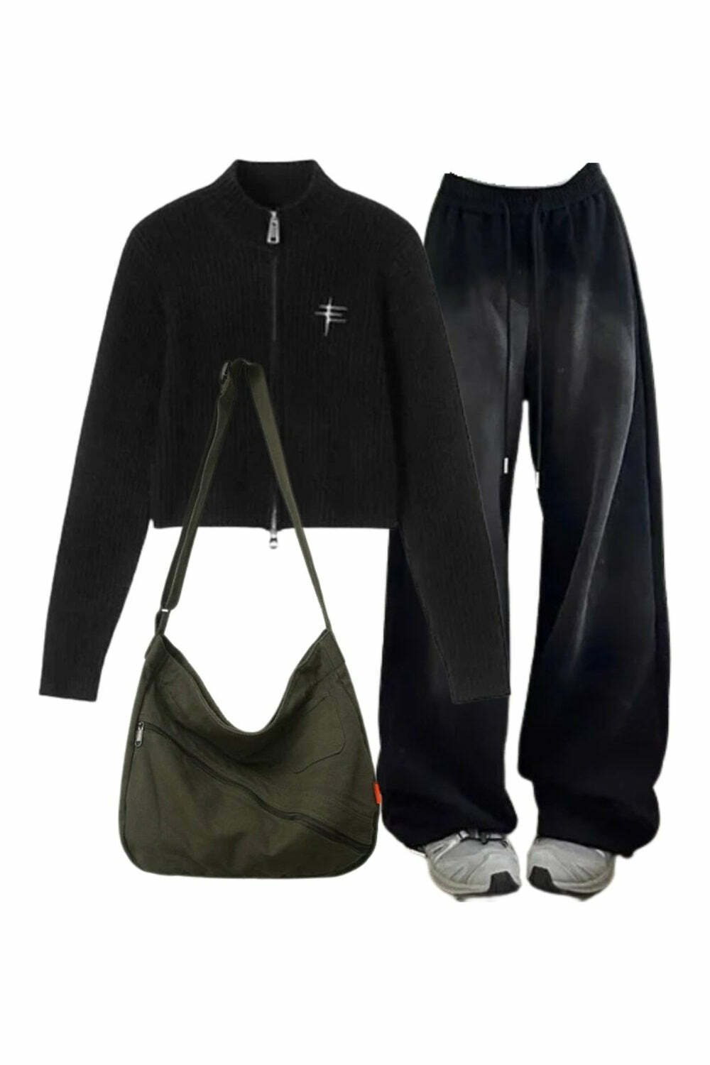 Y2K Outfit: Ribbed Zip-Up Turtleneck Sweater & Baggy 2000s Grunge Pants