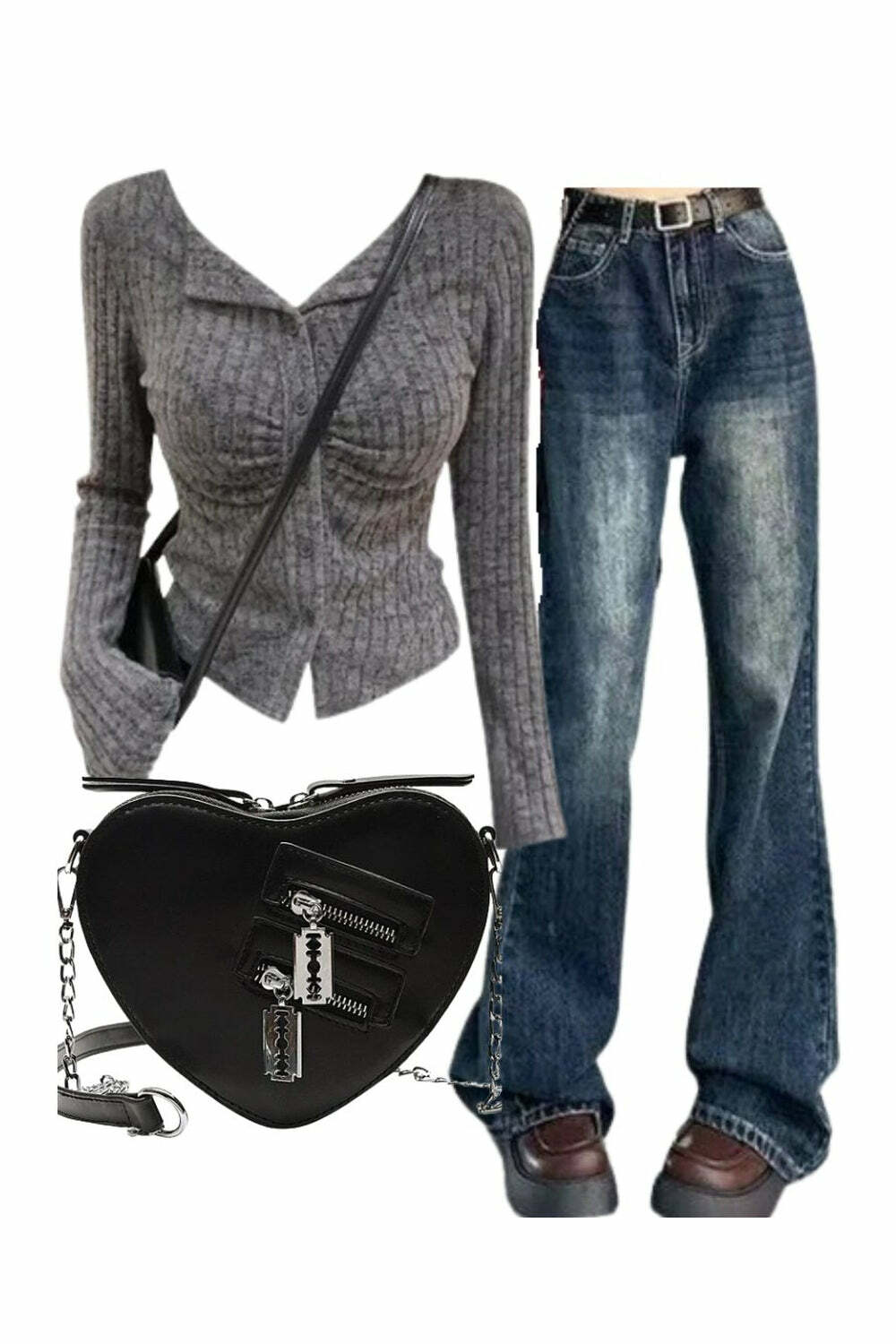 Y2k Outfit: Ruched Ribbed Cardigan & Vintage Flare Jeans for 2000s Fashion