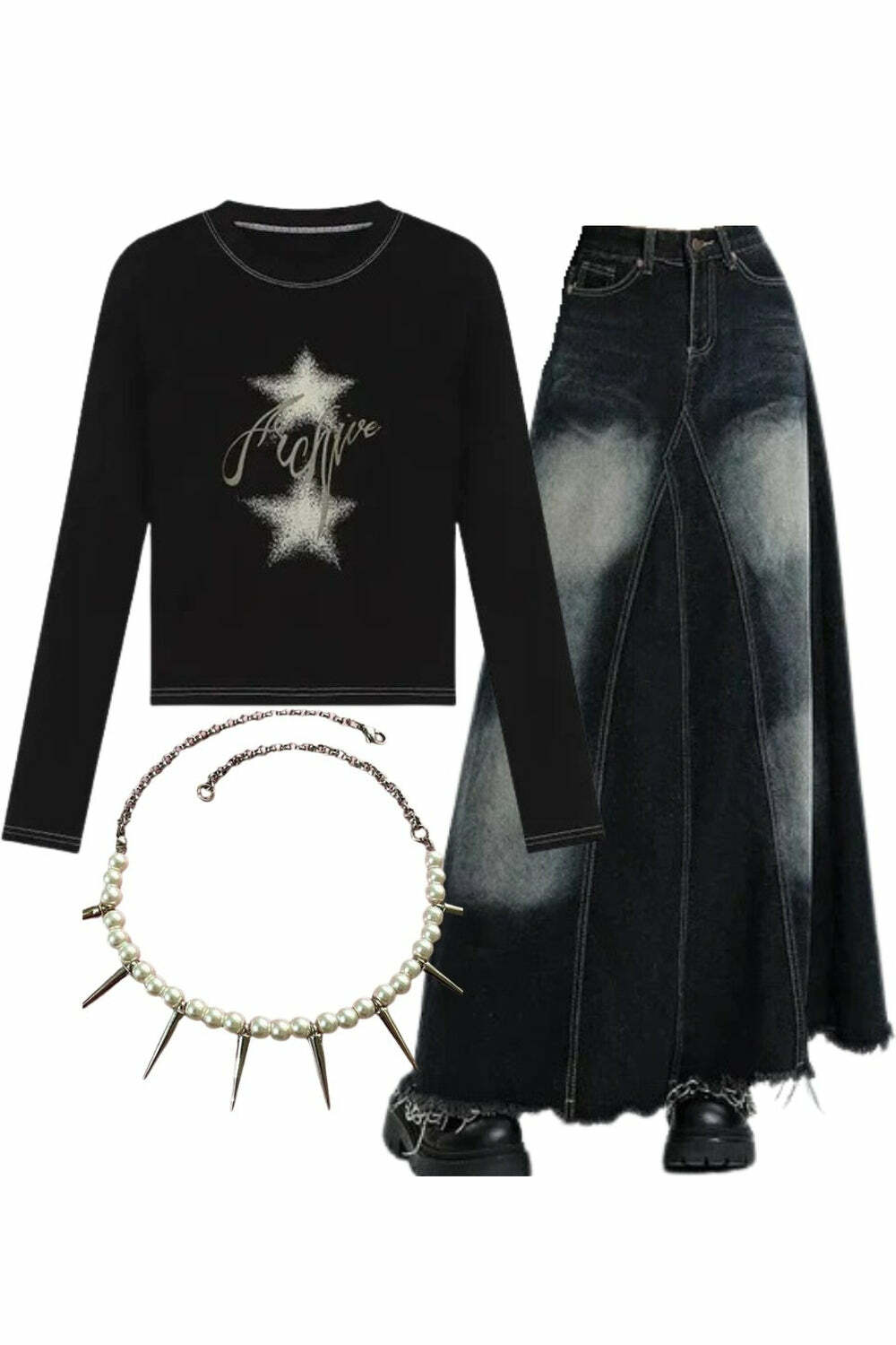 Y2k Outfit: Stellar Sparkle Top & Faded Black Maxi Skirt for 2000s Fashion