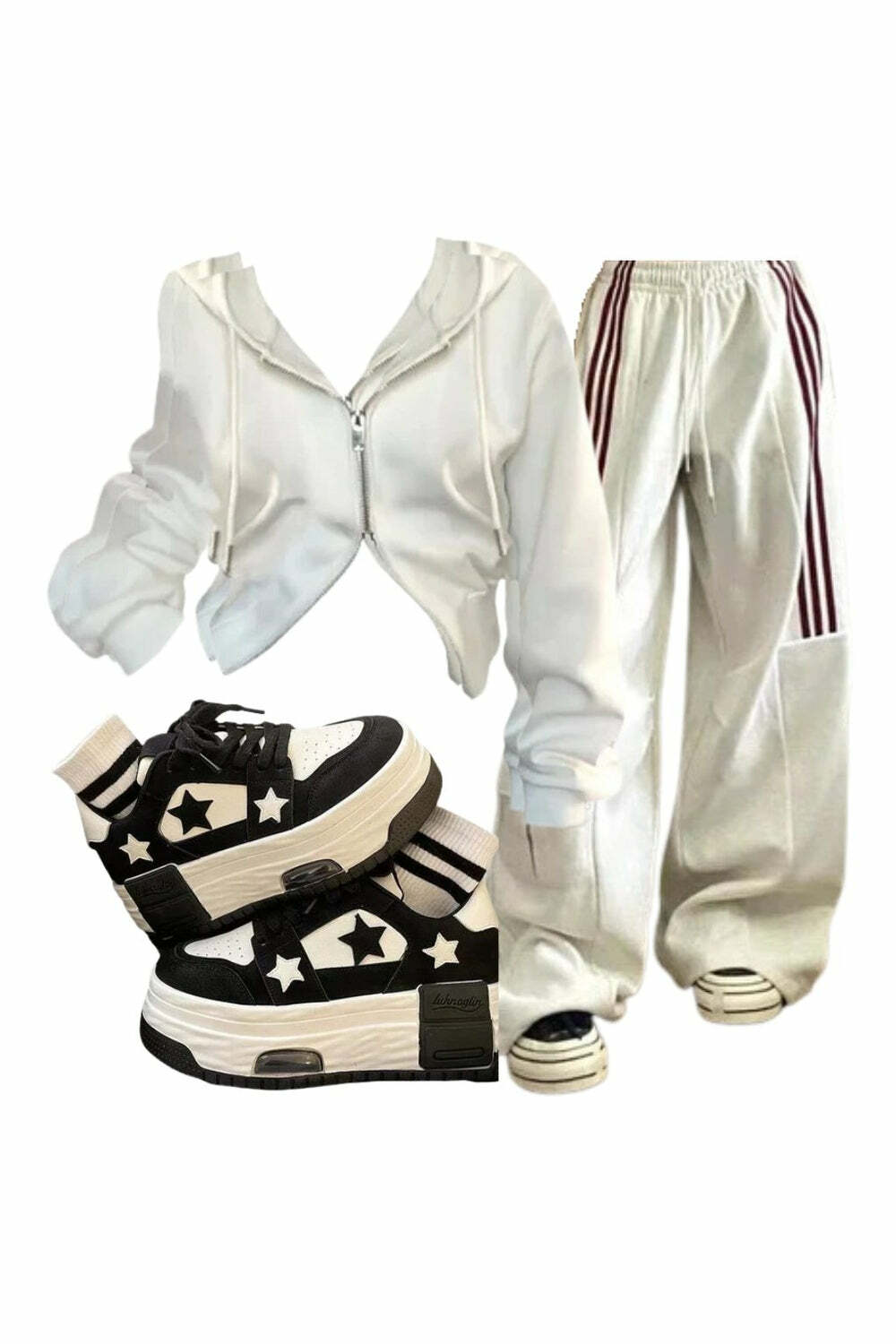 Y2K Outfit: Striped Cargo Spring Pants, White Zip Hoodie & Skateboard Shoes