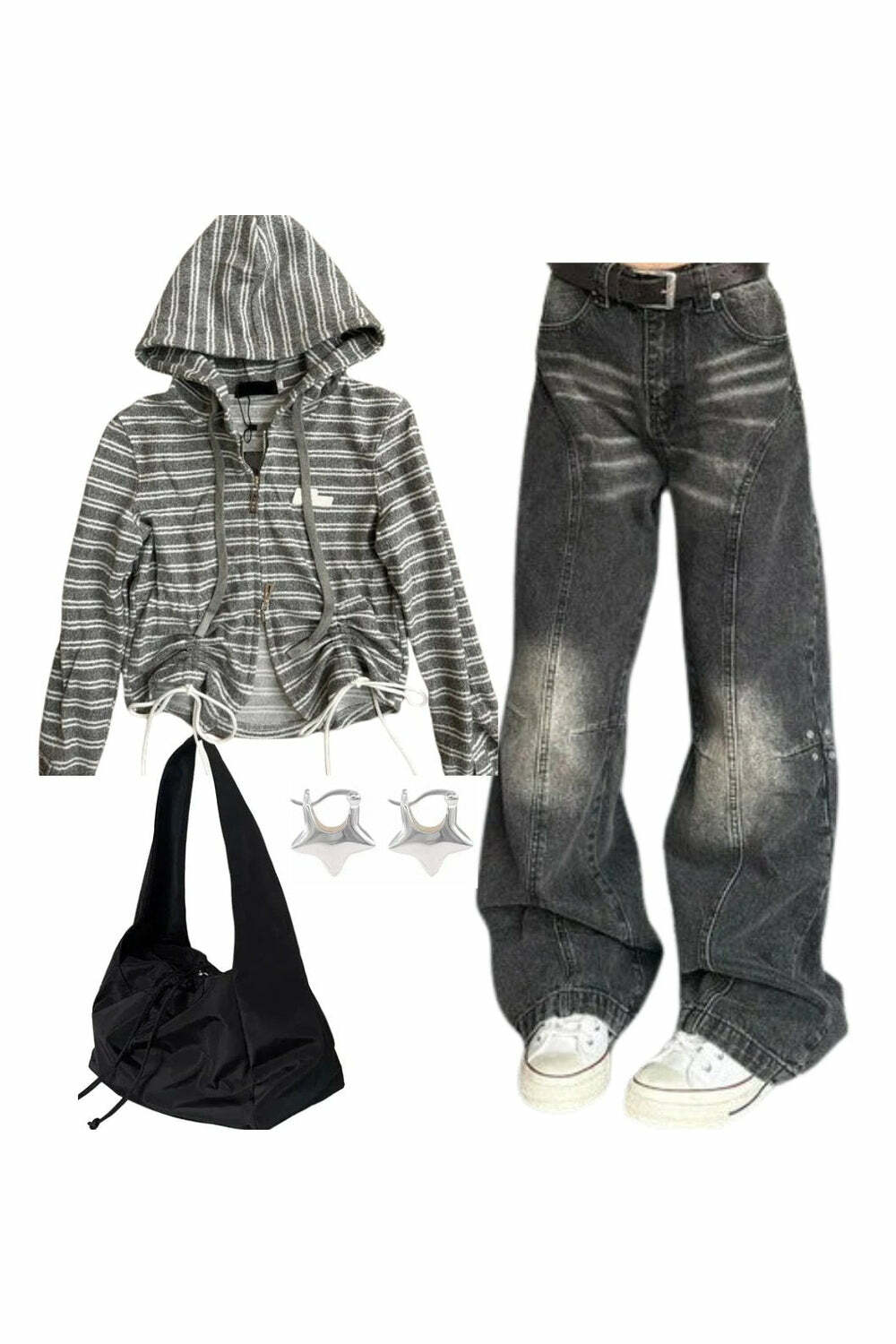 Y2k Outfit: Striped Cozy Zip-Up Hoodie & Wide-Leg Jeans for 2000s Fashion