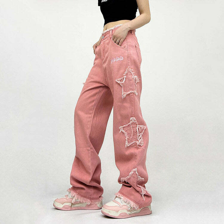 Y2K Pink Star Jeans - 2000s Fashion, Nostalgia Outfits, Vintage Style