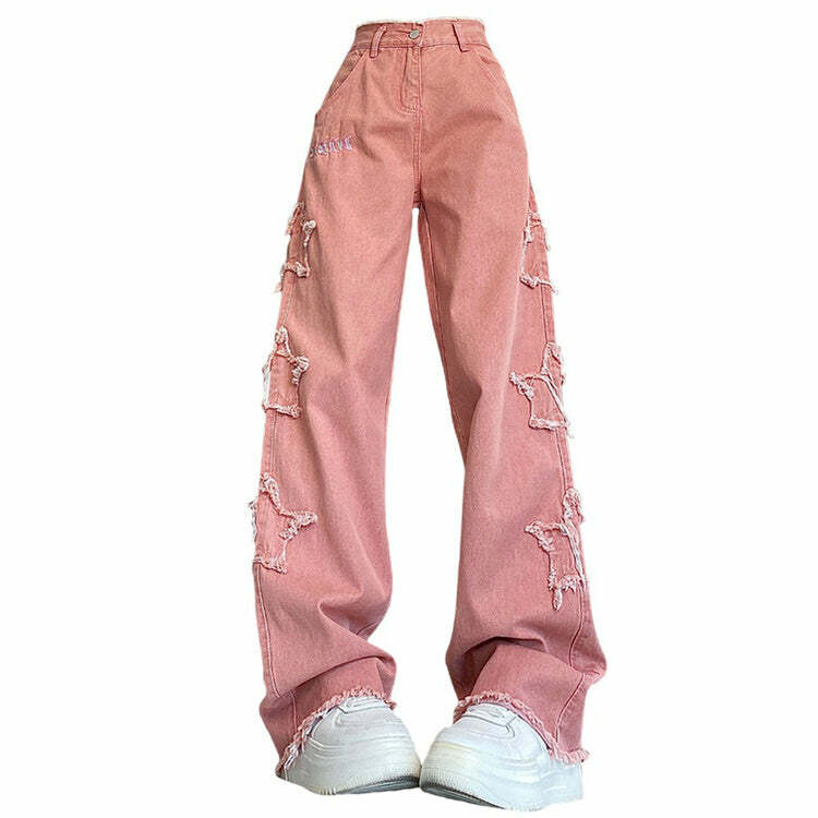 Y2K Pink Star Jeans - 2000s Fashion, Nostalgia Outfits, Vintage Style